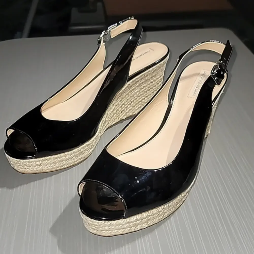 ANTONIO MELANI Sleak Black Peep Toe Rope Wedge Heels Women's 8.5 NWOT‎